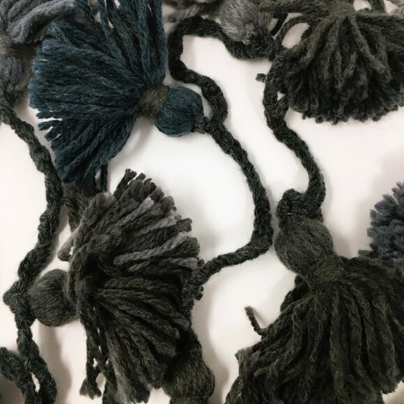 Handmade Grey Steel Blue Wool Tassel Crocheted Cord Folk Art Garland - Picture 7 of 16